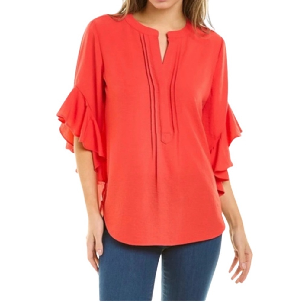 Vince Camuto Split Neck Pink/coral Billowy Sleeve Blouse Size L.